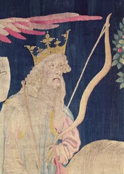 Detail of the rider of the white horse, from the Apocalypse Tapestry of Angers